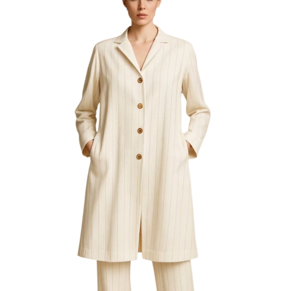 Vintage Cream Pinstripe Duster Coat Longline Button Front Puff Shoulder Jacket